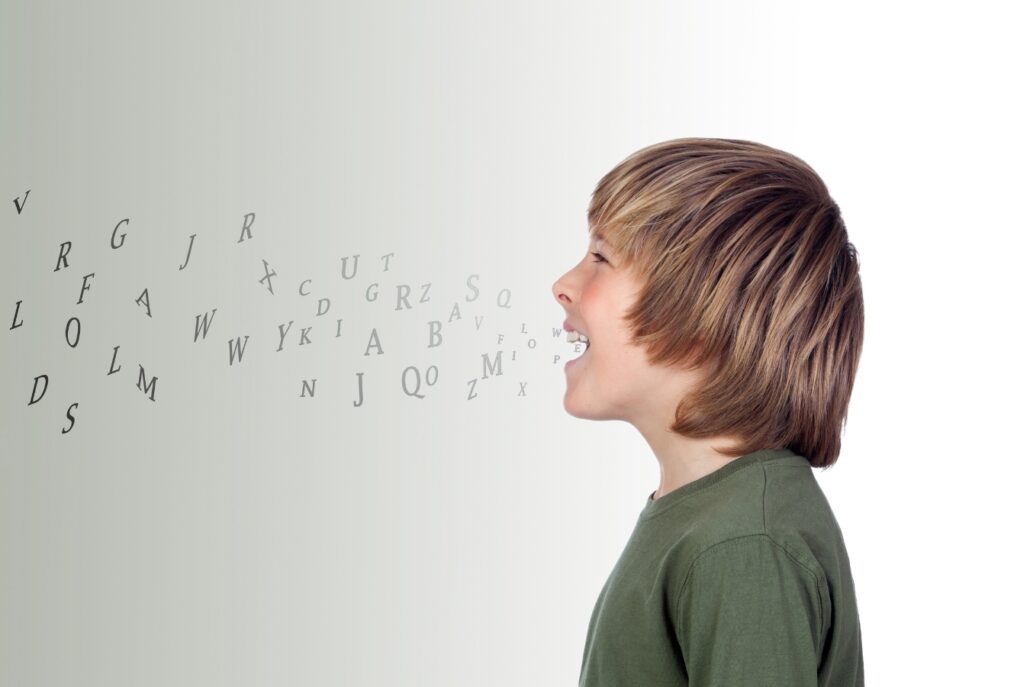Speech therapy illustration by a child with many letters coming out of his mouth