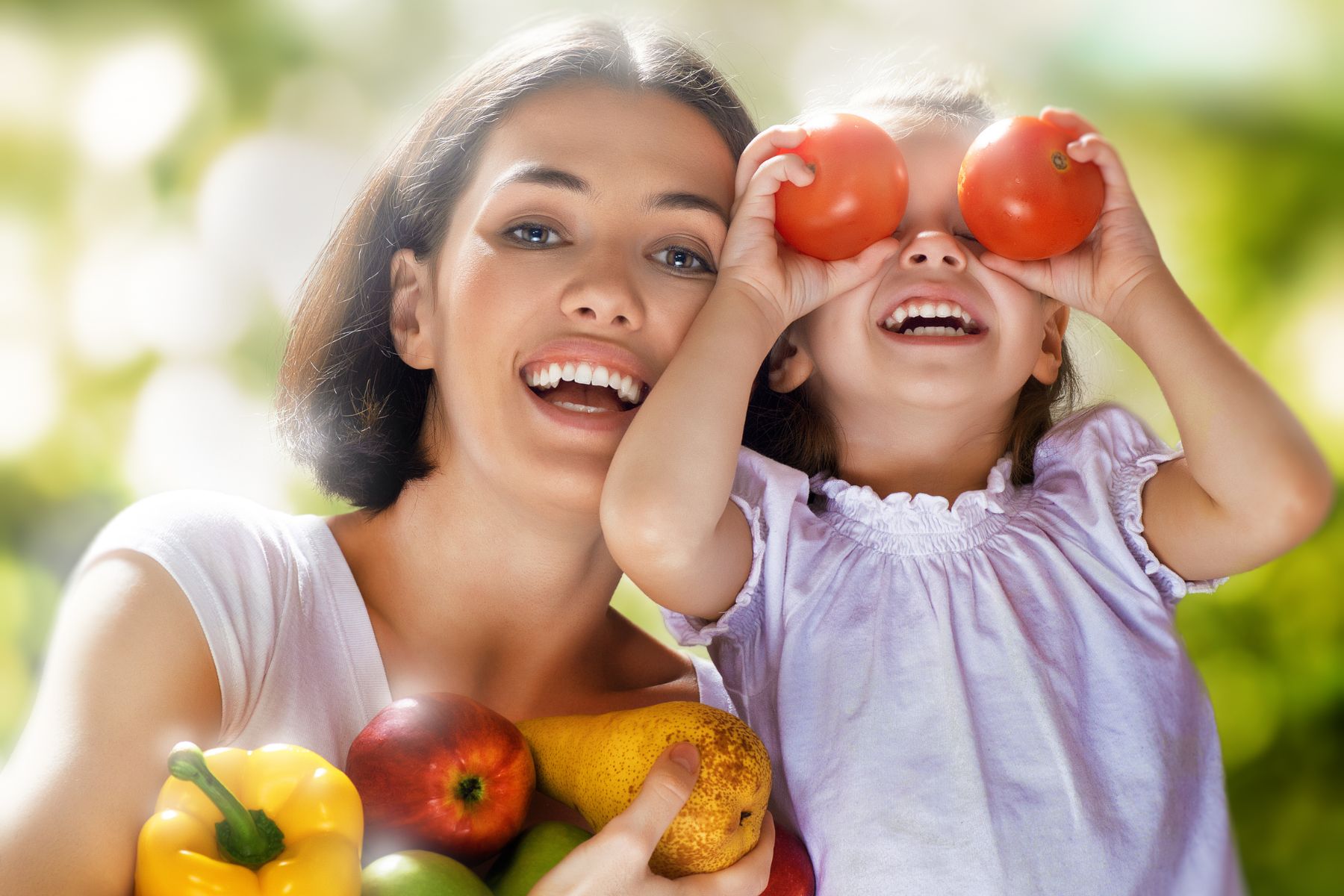 happy family, mother and child eating healthy food